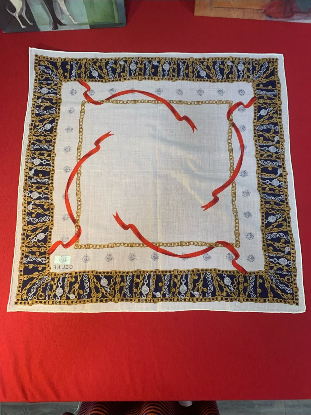 NWT Celine White Cotton Scarf with Red Ribbon and Navy Gold Chain Border - Picture 6 of 6